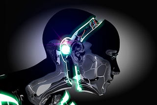 Illustration of a cyborg from the collarbones up, facing the right side of the image, in a dark space. Its metal face has been slightly detached from the rest of its head to reveal the computer chips and wires inside.