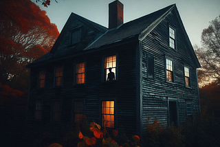 Two-story vintage house at twilight with warm light shining from a single window amidst autumn foliage, creating a mysterious and eerie atmosphere.