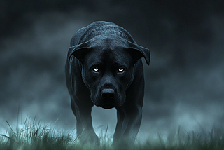 “A black dog standing in a foggy field at night, with a mysterious and eerie atmosphere. The dog’s face looks right at the camera, adding an element of intrigue to the image. The background is blurred, emphasizing the dog as the focal point.