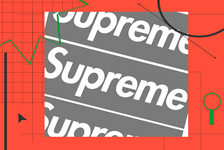 The Supreme logo replicated several times over a red background with various templated graphs and lines.