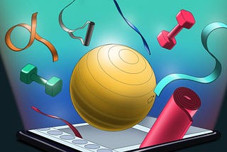 Various fitness equipment such as yoga mats, exercise balls, free weights, and rubber bands projecting out of a phone screen.