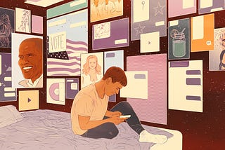 Illustration of boy sitting on his bed looking at his phone. A wall of posters featuring an American flag, celebrities, stars, and drinks are behind him.