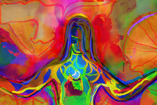 A vibrant, colorful painting of a woman. The woman is made of strokes of green, blue, yellow, green, and red. She is beautiful.