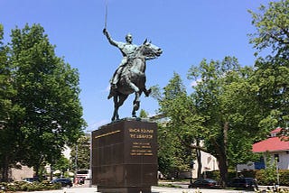 Color photograph of the equestrian statute of Simon Bolivar in the Simon Bolivar Park in Washington, D.C.