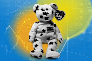An illustration of a Beanie Baby with a star print and the U.S. flag on its chest. Behind the beanie baby is a generic stock market image.