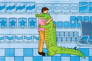 An illustration of a man hugging an alligator in a supermarket aisle.