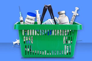 A photo illustration featuring a shopping basket filled with vials of Covid-19 vaccines and shots.