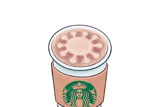 A graphic of a Starbucks venti to-go cup with latte foam art in the shape of the coronavirus.