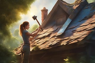 Woman builder working on her roof.