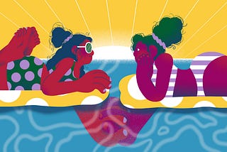 An illustration of two women lying down and looking at each other while on vacation.