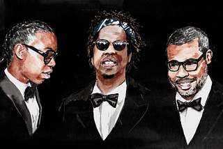 From left to right, an illustration of Jeremy O. Harris, Jay-Z, and Jordan Peele.