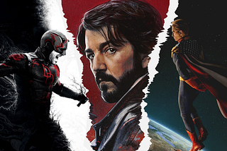 A hybrid image of Daredevil and Homelander on both side of a close-up of Cassian Andor.