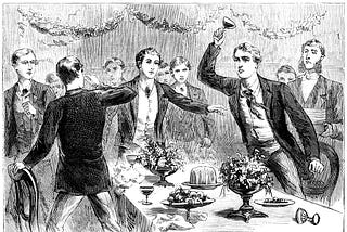 An illustration of a group of young upper-class males having an argument at the dinner table, with one throwing wine into another’s face.