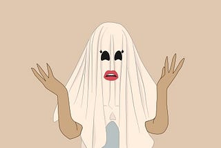 A cartoon of a women with blanket on the head to appear like a Ghost.