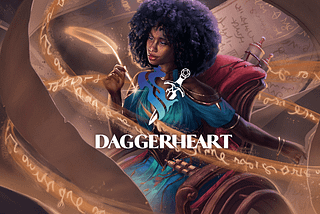 Promotional picture of a Daggerheart character behind the Daggerheart logo. The characters is a black woman in a wooden wheelchair using a glowing quill to write magic words in the air. The woman has a black afro hairstyle and wears a blue dress with red and gold accents. There are furled scrolls in her lap and in pockets on the back of her chair.
