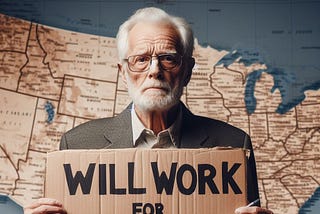 Older man holding cardboard sign that says “will work for stock” with map of United States in background