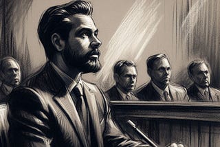 A courtroom charcoal drawing of a main on the witness stand with members of the jury in the background.