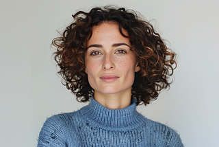 Headshot of a white woman with dark curly hair, wearing a blue sweater