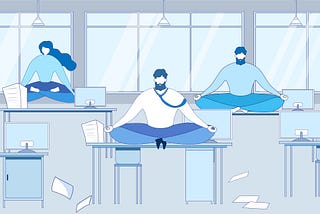 An illustration of cartoon office workers sitting on their office desks and meditating at their workplace.