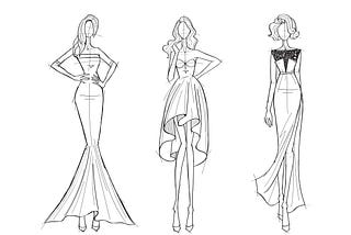 3 sketches of models wearing cocktail dresses.