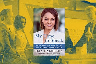 Book cover of Ilia’s book, “My Time to Speak,” against a yellow filter background photo of Ilia in the CNN newsroom.