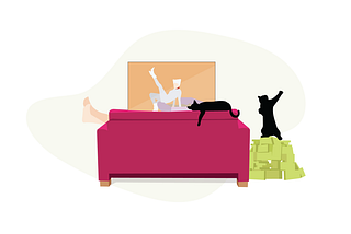 A graphic illustration of a woman in a white catwoman suit on the TV. A black cat dabs on top of a stack of cash.