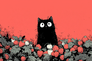 A wide-eyed black cat sits among a patch of strawberries, its curious expression contrasting with the bright red background. Lush green leaves frame the scene, while red and white strawberries surround the cat, creating a whimsical and striking composition.