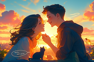 /imagine prompt: a couple enjoying sunrise together together with a cat in the style of romantic and love, speech bubble text “Hello, he’s mine” — ar 16:9 — niji 6