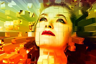 The upturned face of a woman with red lipstick that has been graphically digitised into cubes.