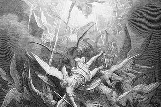 A painting of angels falling from heaven by Gustave Doré