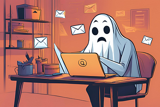 A sheet ghost figure with a sad expression on its face, sitting at a desk in an office, surrounded by floating email envelope symbols.