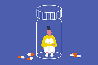 Simple illustration of a person sitting anxiously inside a pill bottle, 5 capsules on the ground outside it.