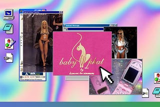 Pink Baby Phat logo with images of Lil Kim modeling for the fashion show with a pink flip phone on Windows 95 desktop.