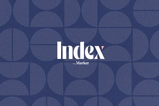 “Index by Marker” in a white logo design on a navy blue background with a pattern of bifurcated blue circles going across the image.