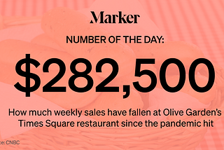 # of the Day: $282,500 — How much weekly sales have fallen at Olive Garden’s Times Square restaurant since the pandemic hit.