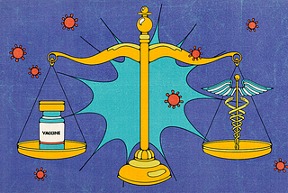 Illustration of a vaccine and the caduceus weighed on a scale.