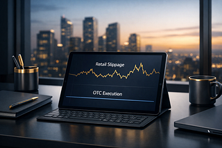 A professional office desk with a tablet displaying a comparison between volatile Retail Slippage and stable OTC Execution graphs
