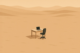 A small office desk and chair with a laptop sit alone in the middle of a vast, empty desert. The minimalist scene, viewed from a distance, emphasizes solitude and isolation against a backdrop of rolling sand dunes and warm beige tones.