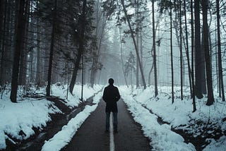 Man walking down snowy, dimly lit path