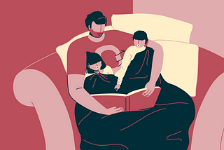 Digital art by Supriya Bhonsle of a dad reading to two young kids, snuggled on a couch with a blanket