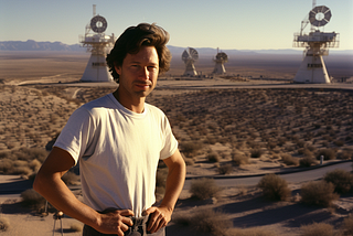 **A 35-year-old man, about 6 feet tall, brown hair, brown eyes, viewed from an angle toward his right, stands on a bluff overlooking the vast Mojave Desert laid out before him. Behind him are two large radio telescopes, set some distance apart, and a series of small one-story buildings.
