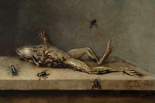 The painting “Dead frog with flies” by Ambrosius Bosschaert the Younger. The painting is exactly what the title says