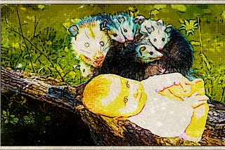 Baby in a nest of possums