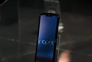 The new Razr phone is displayed during the unveiling of the Razr as a reinvented icon.