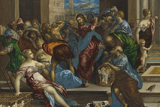 A slight zoom in on part of an El Greco oil painting in which Jesus wields a whip in a crowded plaza while a lot of people in robes cringe away from him.