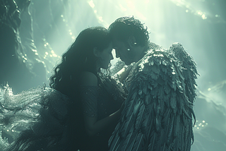 A male angel embraces a human woman, enfolding her in his wings.