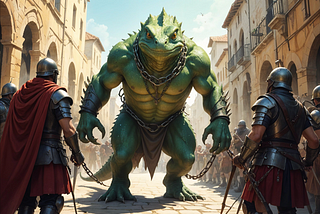 A captured lizard warrior paraded by soldiers in a medieval street