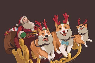 A traditional Santa Claus driving his sleigh full of toys, except pulling the sleigh are three Pembroke Welsh Corgis, not reindeer.