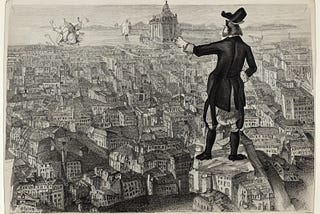 A man standing on an ivory tower looking out over a vast city