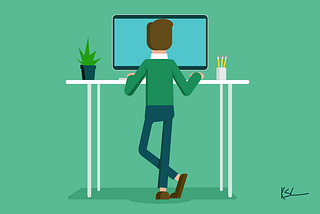 Illustration of man working at a standing desk on a computer.